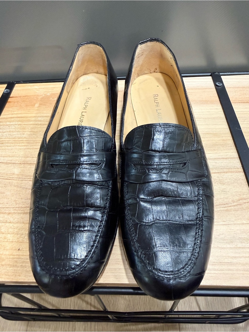 Ralph Lauren Black Croc Embossed Leather Penny Loafers Size 6B